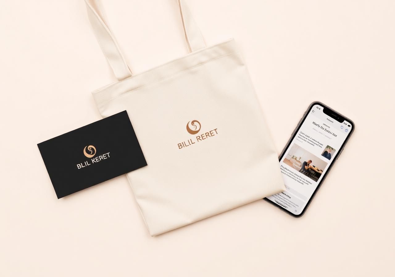 Brand identity applied to a tote bag, business card and phone