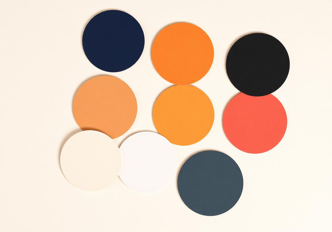 Color swatches in indigo, amber, charcoal and cream